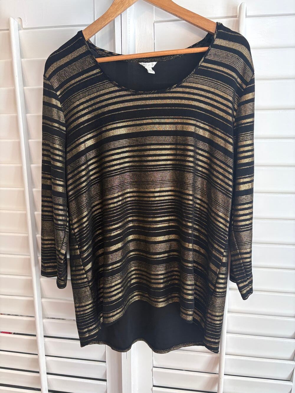 Cato Black And Gold Metallic Stripe Hi Low Blouse Size‎ Large
